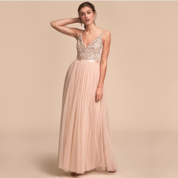 BHLDN Dresses & Skirts - BHLDN Avery Pink Sequin & Tulle Maxi Dress Spaghetti Strap Bridesmaid